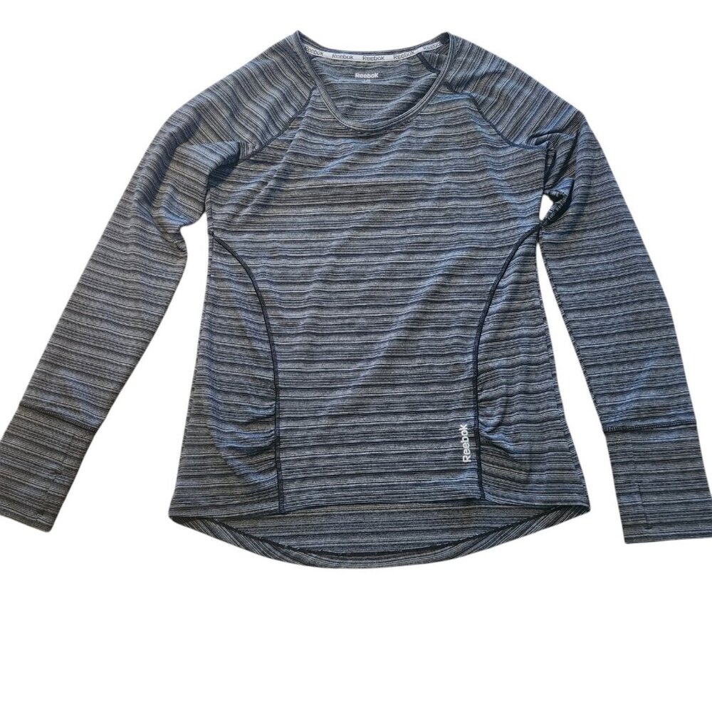 Reebok‎ Running Shirt Long Sleeve Athletic Black Gray Striped Womens Large EUC